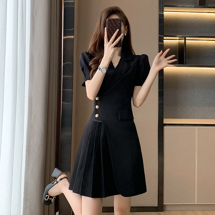 POMTOR 면접 데이트 정장 반팔 플레어 원피스 미니 자켓 원피스