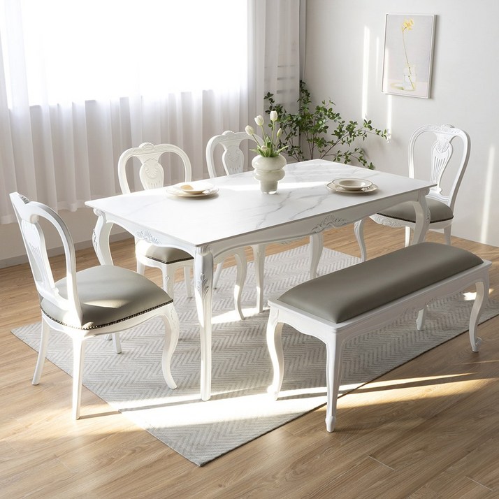 피어젠가구 린 프렌치 앤틱 포세린 세라믹 6인용 식탁 + 봄베이 의자 벤치 세트