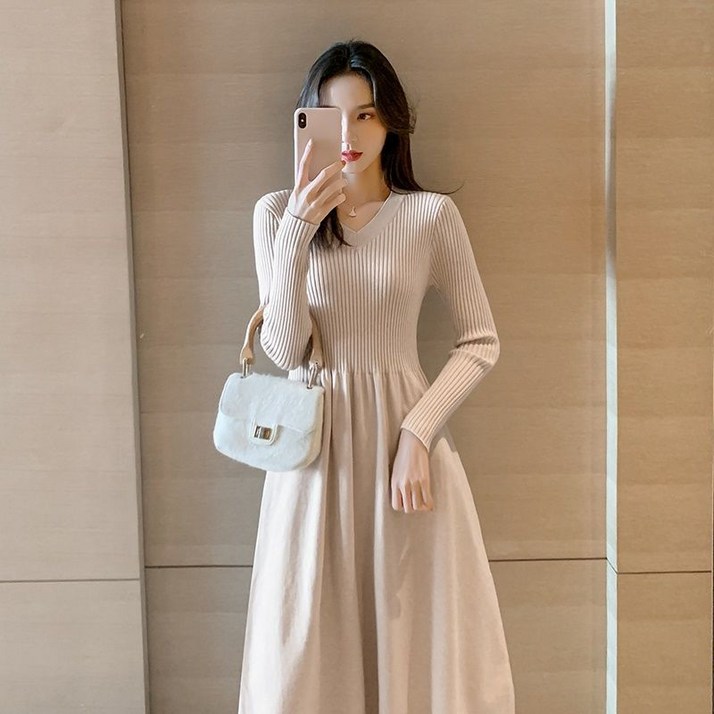 봄 가을 여자 긴팔 원피스 프렌치 이너 니트 원피스 슬림핏 a라인 원피스 데일리 여성 하객룩 롱원피스 LQZ