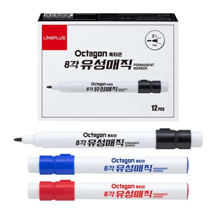 라인플러스 옥타곤 8각 유성매직 가는 둥근닙 2mm 12개입 빨강