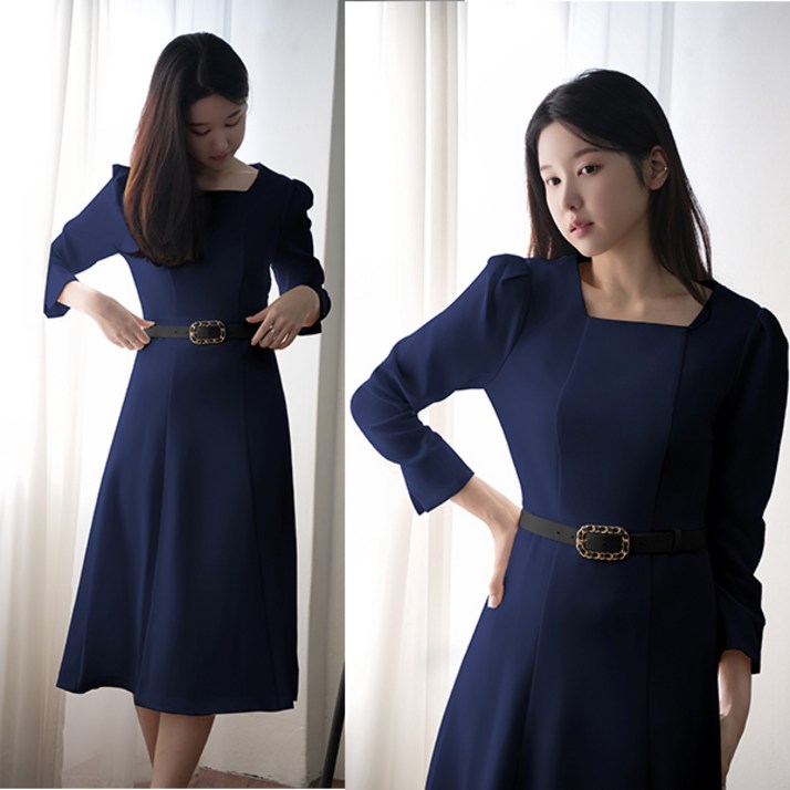 비비디아 여성용 신상 롱원피스 스퀘어넥 벨트 하객룩 오피스룩 봄가을 단정한 정장 원피스 5538