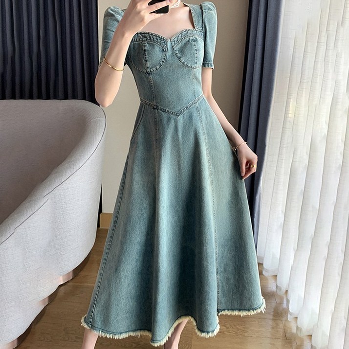 POMTOR 빈티지 스퀘어넥 여성 데님 원피스 퍼프 소매 여름 원피스
