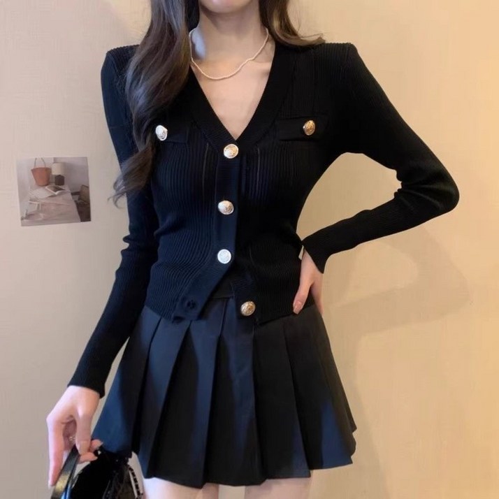 Vezri 여성용  V넥 니트 가디건 봄가을 숏팔 레이어링 아이템 데일리 캐주얼 상의  F88