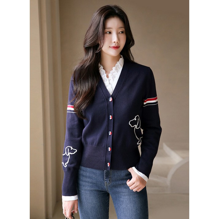 스타일온미 스타일온미  더블퍼피 자수 배색 테잎 브이넥 니트 가디건