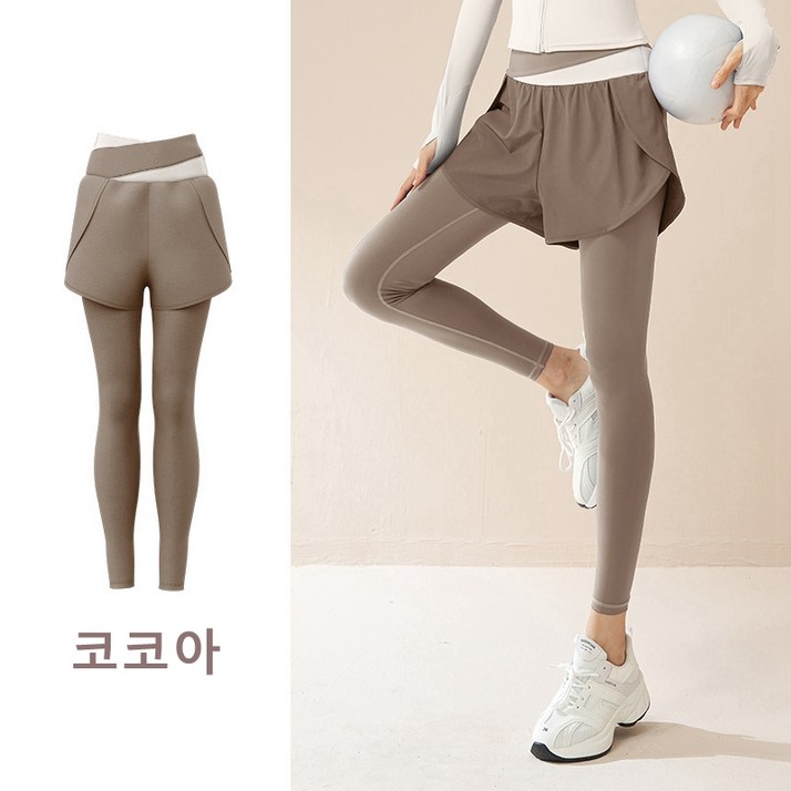 여성용 페이크 투피스 복부조절 하이웨이스트 아웃도어 스포츠 레깅스 요가 팬츠