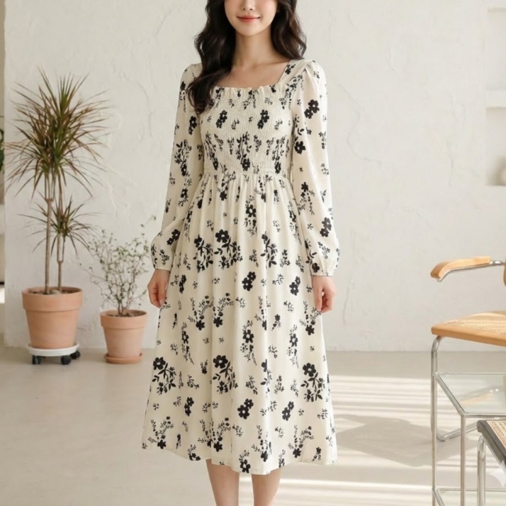 여성 롱 원피스 봄가을 긴팔 빅사이즈 프렌치 장미 꽃무늬 롱 원피스