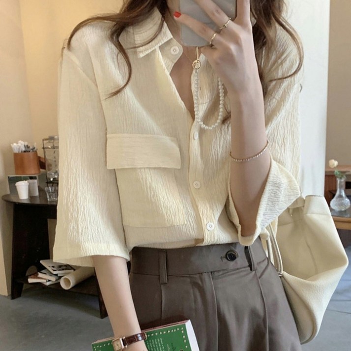네츄럴 원포켓 루즈핏 블라우스 셔츠 리본덧신