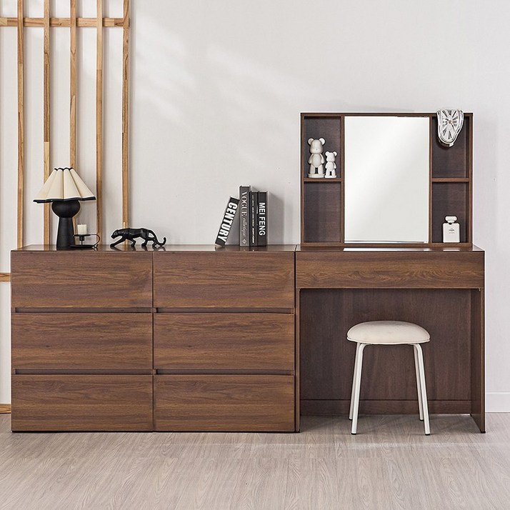 사월의가구 화장대 수납형 콘솔 화장대 세트 거울포함 스퀘어 입식 화장대 1200 3단 와이드 서랍장 세트, 월넛브라운3단와이드서랍장포함