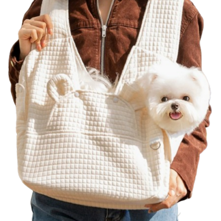 푸르픽 강아지앞가방 슬링백 고양이 이동가방 포대기 숄더백 산책 외출 기내용 봄 가을, 아이보리색, 1개