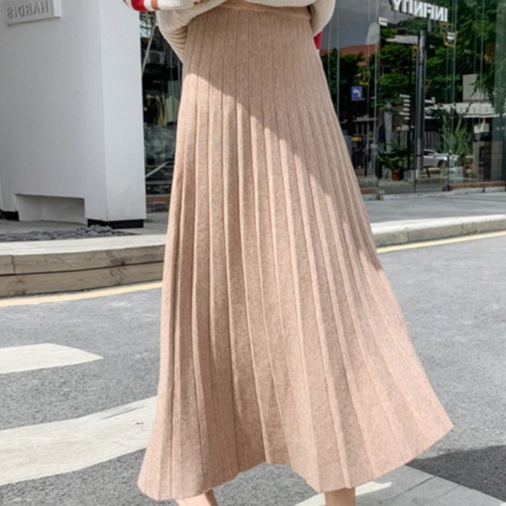 여성용 니트 편한 허리밴딩 핀턱 주름 치마 롱 스커트