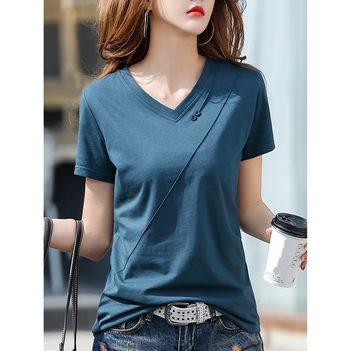 여름 여성복 반팔 루즈핏 캐주얼 브이넥 티셔츠