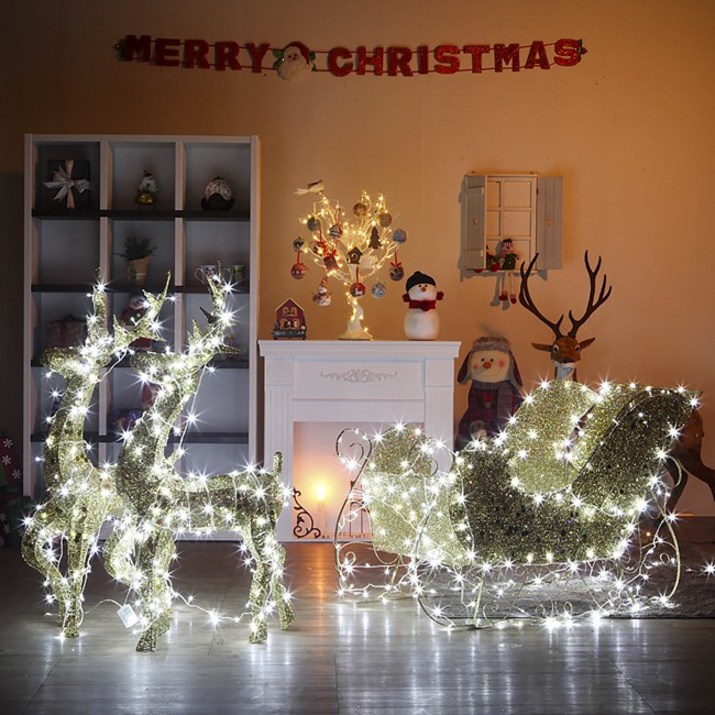 크리스마스 사슴 썰매 조명 장식 야외 조형물 인형 LED 인테리어 소품 매장 카페 세트