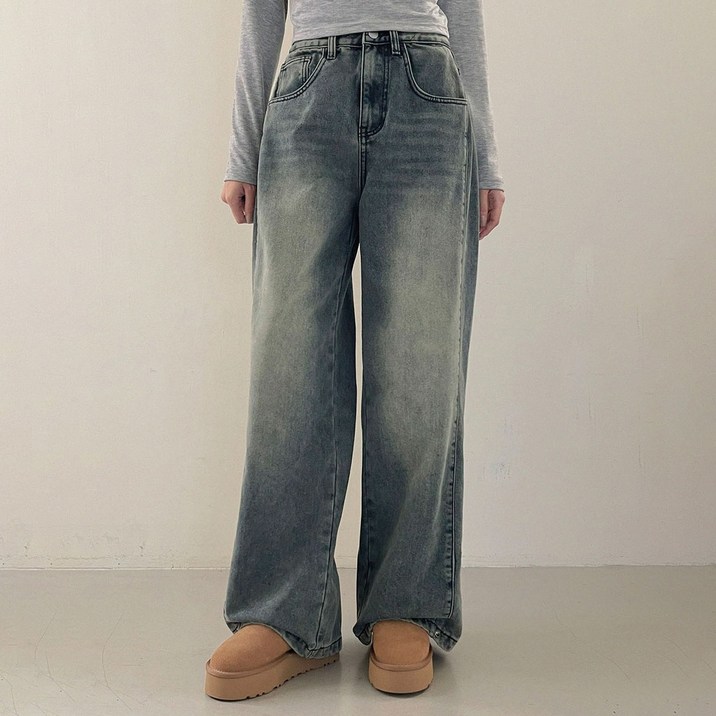 플랜데이 여성용 숏/미디움/롱 기장 기모원단 티에 사이드 폴딩 빈티지 와이드 데님팬츠