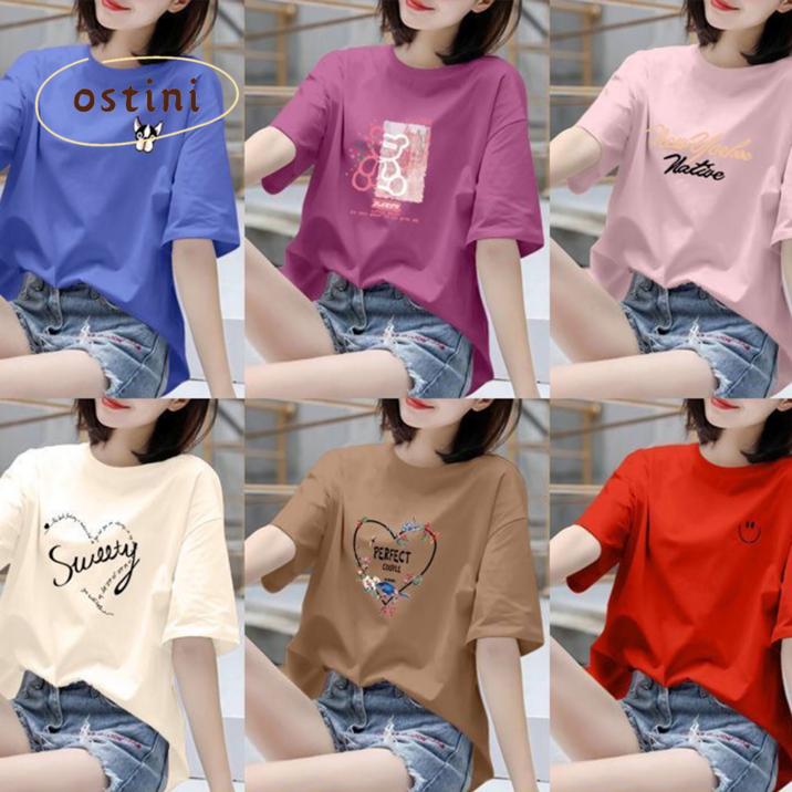 오스틱니 (완전 편한) 100kg까지 여성 프린트 라운드넥 반팔 티셔츠 여름 추천 빅사이즈 캐릭터 프린팅 홈웨어 학생복 중년 큰옷 여성의류 화이트 블랙 여자 티 6종 세트