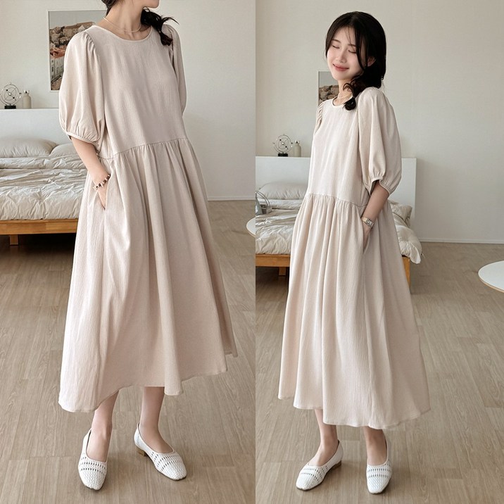 데일리앤 리벨 여성 루즈핏 플레어 린넨 퍼프 반팔 롱 원피스 봄 여름 빅사이즈