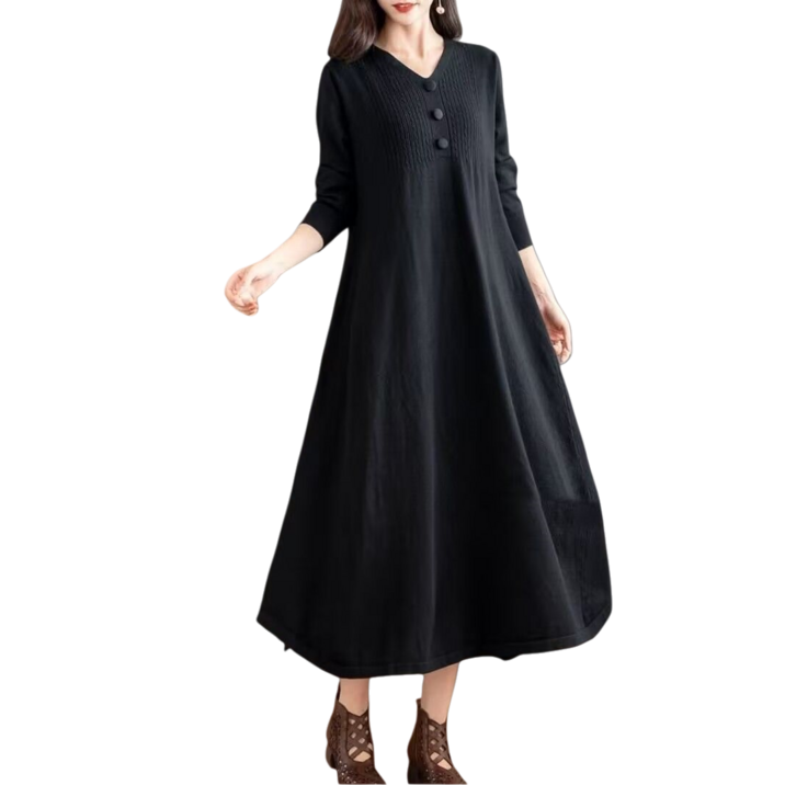 Makone 여성 가을 겨울 루즈핏 브이넥 A라인 긴팔 니트 롱 원피스