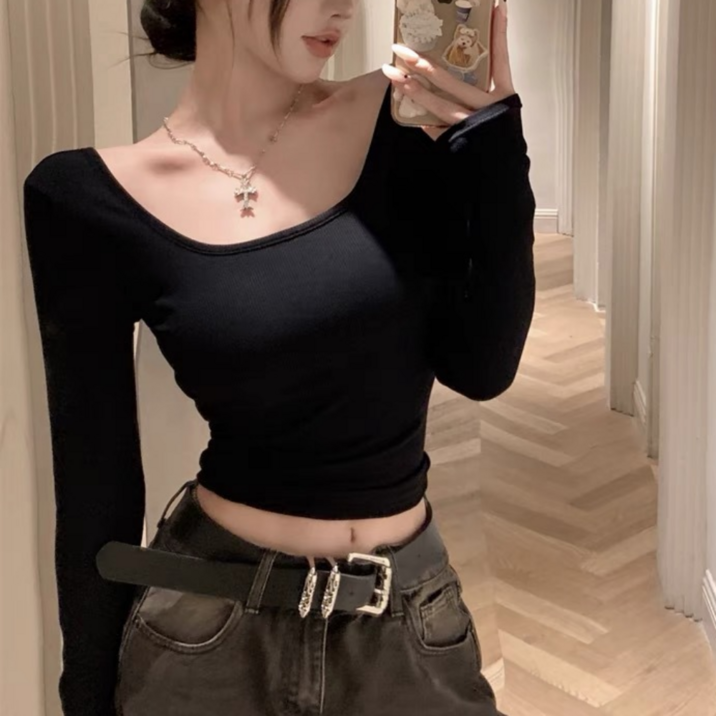 일월전빵 여성 백리스 뒷트임 투웨이 데일리 유넥 슬림핏 긴팔 티셔츠 오픈 긴팔티 반전뒷태 크롭티 BFC085S