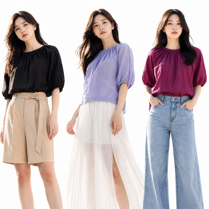 여성 간절기 구김없는 하객룩 반팔 셔링 블라우스 3종_5DMFB034