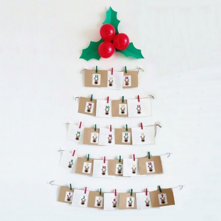 크리스마스 어드벤트 캘린더 벽 트리 장식 [어드밴트 달력 가랜드 벽트리 이벤트 성탄절 데코 꾸미기], 7. 행거형+led전구5m+빨간열매장식