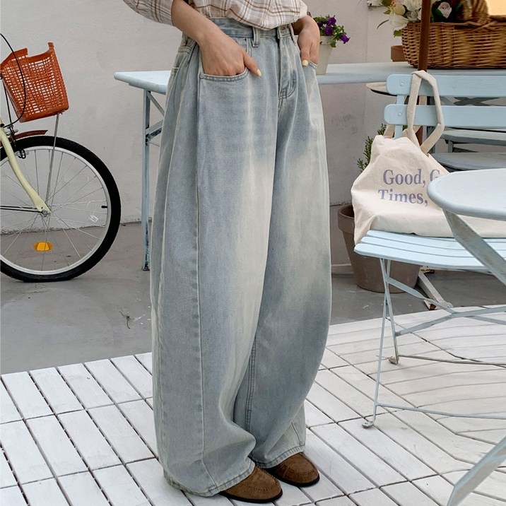 앤샵 롱,숏 기장선택 여성용 트베리 워싱빈티지 벌룬 사이드절개 와이드 데님 청바지4color