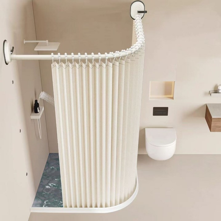 코너형 샤워 방수샤워커튼 커튼 욕실샤워커튼봉세트 무타공 가림막 목욕 욕조 봉, 1개, 베이지커튼 폭 180 × 높이 200cm