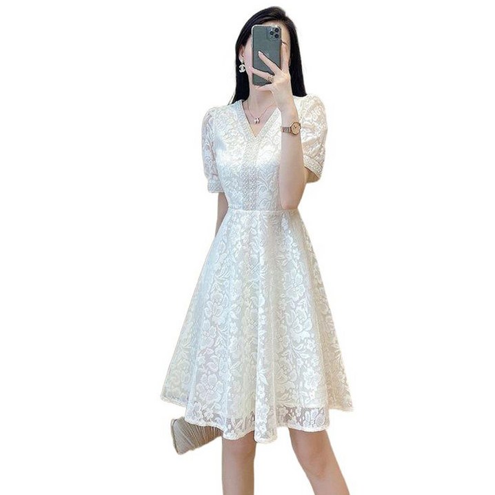 CUTEQUEEN 고급 화이트 반팔 V넥 레이스 A라인 원피스 CUTEQUEEN 고급 화이트 반팔 V넥 레이스 A라인 원피스