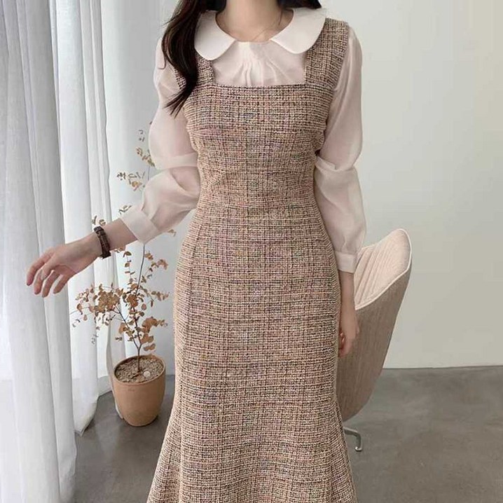트위드 뷔스티에 롱원피스 여성 하객룩 데일리룩 머메이드라인 봄가을