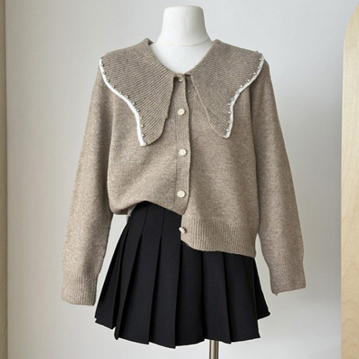 페이릿 여성용 큐빅 디테일 빅카라 니트 가디건