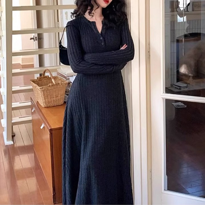 메이킹유 꾸안꾸인기폭발 쫀쫀 슬림 골지 A라인 긴팔 니트 원피스 여리핏 데이트룩 13127아트라니트원피스