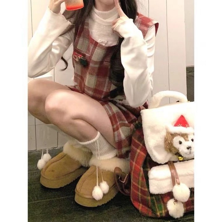 겨울 여성 모직 민소매 원피스 여성 가을 겨울 체크 패턴 레트로 루즈핏 스퀘어넥 A라인 드레스 LCL