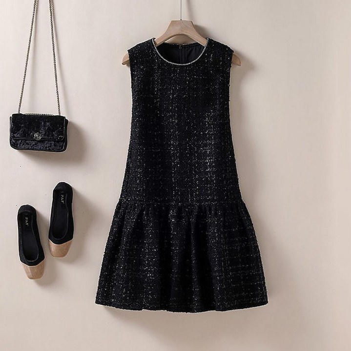 FANSYLI 가을 겨울 트위드원피스 미디 민소매 모직원피스 결혼식 하객룩 심플 루즈핏 라운드 A라인 스커트 데일리 캐주얼 통근원피스 오피스룩 빅사이즈 X2510O10