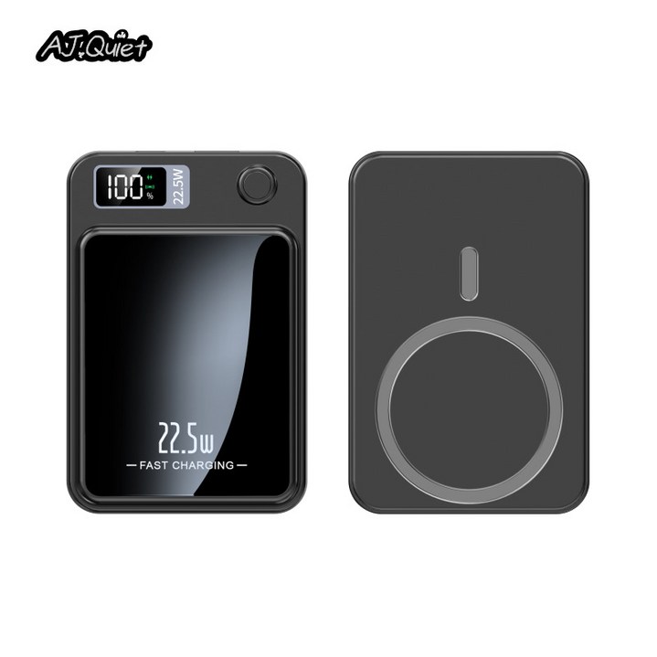 AJ.Quiet [정품]고급 대용량 22.5W 초고속 맥세이프 무선 충전 보조배터리 + USB C-type 케이블 + 맥세이프 링 스티커 10000mAh, 카본 블랙