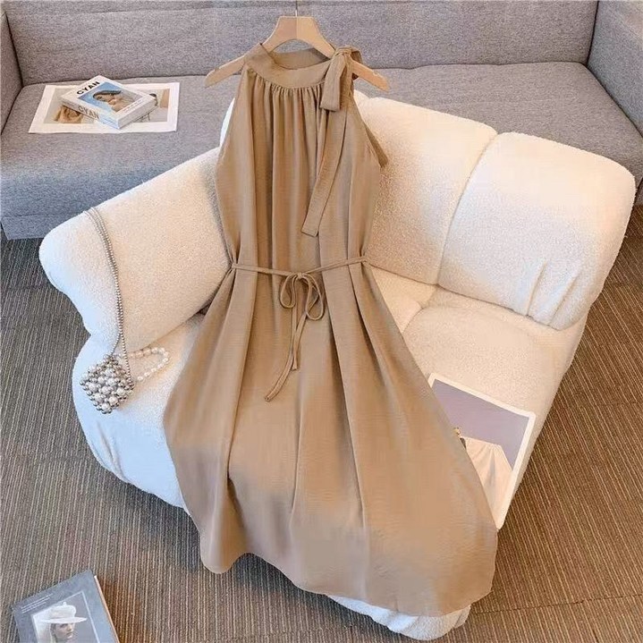 해피유통 여성 신상 프렌치 민소매 홀터넥 벨트 바캉스 롱스커트 jhfxx