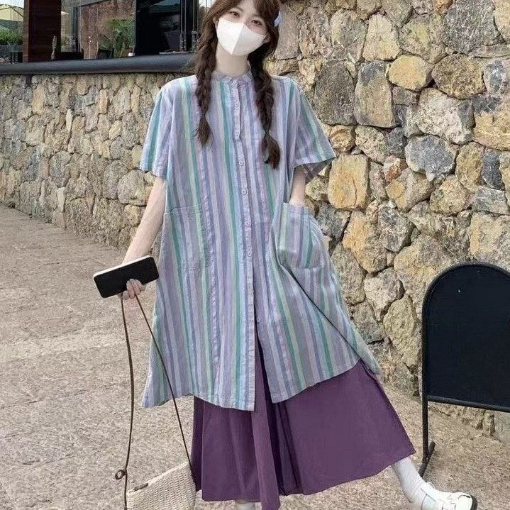 크레스티 여성용 일상 줄무늬 셔츠+와이드 팬츠 여름 날씬해 보이는 투피스