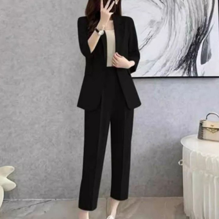 FANSYLI 여름 얇은 정장 세트 고급 캐주얼 통근 세트 여성 7부 소매 정장 자켓+밴딩 허리 정장 바지 투피스 오피스룩 빅사이즈 X2507J1