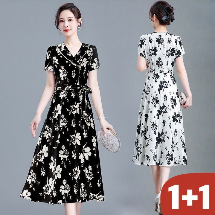 (25년 신상) 1+1 빅사이즈 여성 카라 사이드 스트링 허리꼬임 플라워 비대칭 반팔 원피스 여름 편한 프렌치 스타일 부드러운 시원한 중년여성 a라인 스커트 해변 휴양지 원피스