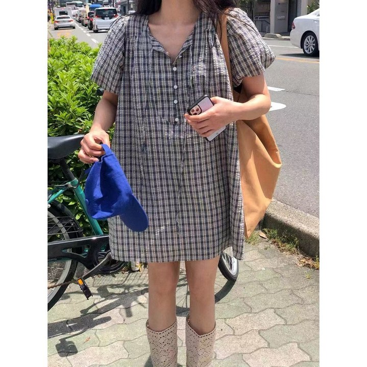 여성 체크 벌룬 소매 미니 원피스 버튼 포켓 2컬러