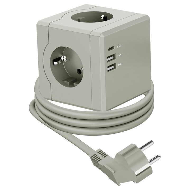 티메코 SF코팅 큐브 디자인 멀티탭 4000W 고용량 3구 (USB-A 2개 C타입 1개), 1개, 그레이 SF02, 1.8m