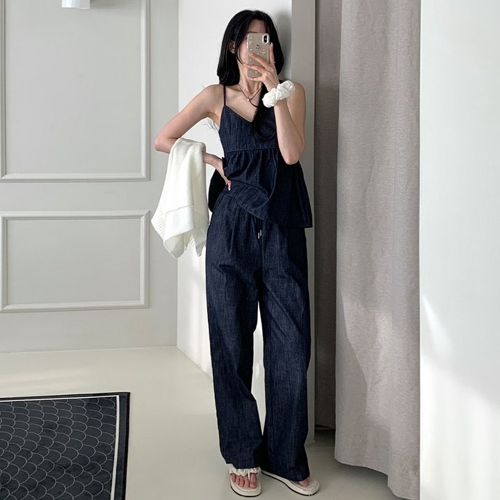 (세트가격) 어던무드 청 셋업 생지 데님 뷔스티에 나시 + 와이드 팬츠 청바지 바캉스룩