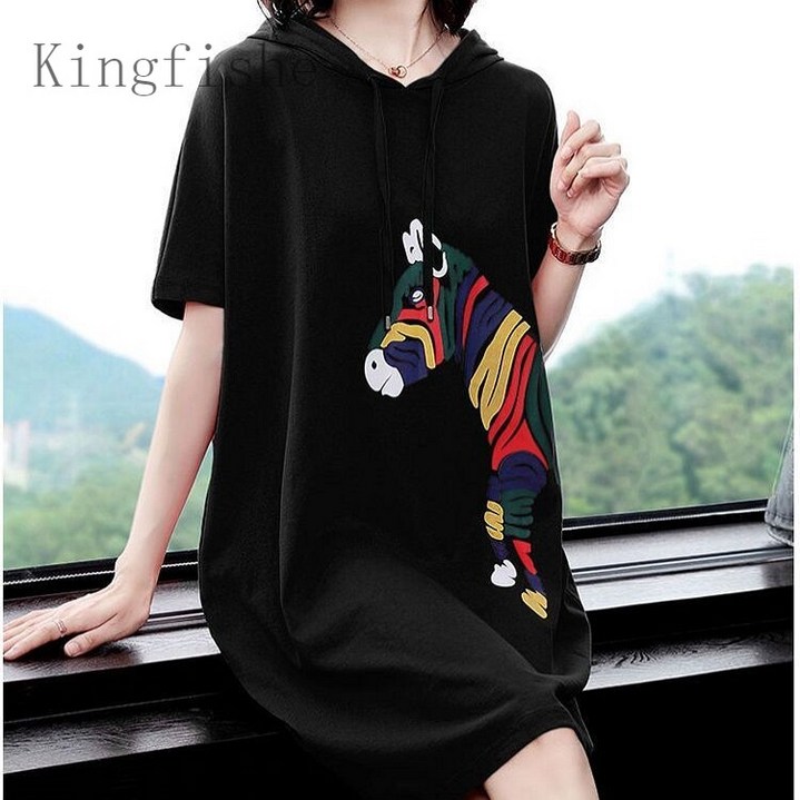 Kingfishe 여성 빅사이즈 여름 후드 원피스 롱티 캐주얼 f2Kobo