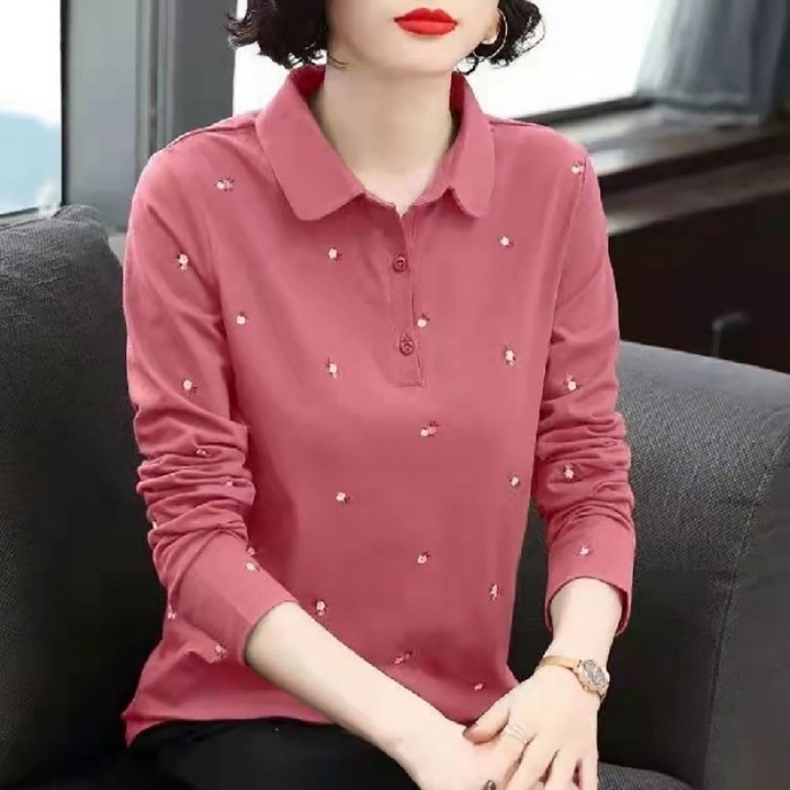 중년여성티셔츠 마켓에이 여성용 카라 플라워 포인트 긴팔 티셔츠