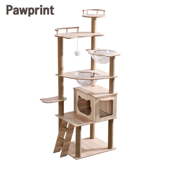 Pawprint 캣타워 고양이 스크래쳐, 안정적인 원목 구조로 튼튼하고 견고함, 다층 구조로 다양한 놀이와 휴식 공간 제공, 대형 및 소형 고양이 모두 사용 가능, 실내 인테리어에