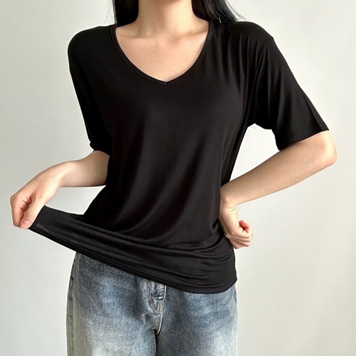 비토샵 여성용 부들부들 찰랑찰랑 레이온 브이넥 무지 반팔 티셔츠 레이어드 이너 여리여리 데일리룩 국내생산 워터밤 흠뻑쇼 페스티벌룩