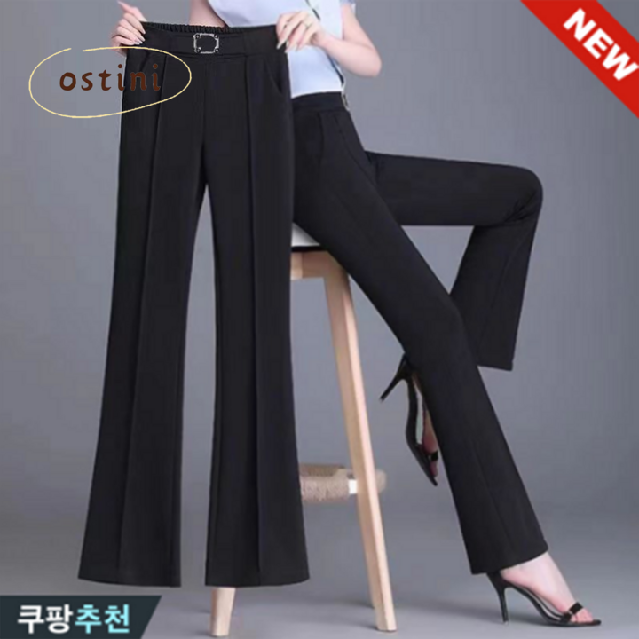 오스틱니 완전 편한 날씬해보이는 빅사이즈 여성 정장 스판 와이드 팬츠 봄 여름 나팔바지 밴딩 슬림핏 사방스판 오피스룩 하객룩 큰옷 여성의류 큰언니 캐쥬얼 데일리 긴바지