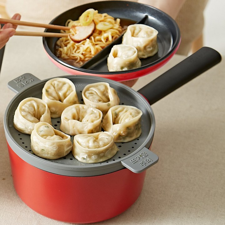 네오플램 라믈리에 인덕션 라면냄비 짜파게티 찜냄비 만두찜기18cm 레드, 1세트, 18cm