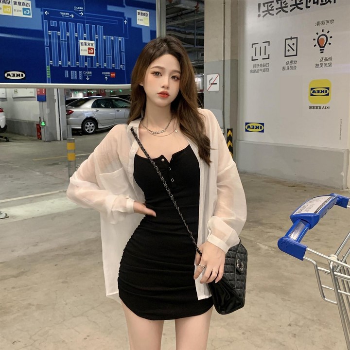 투니스 여성 미니 슬림핏 민소매 원피스 + 루즈핏 긴소매 셔츠 세트
