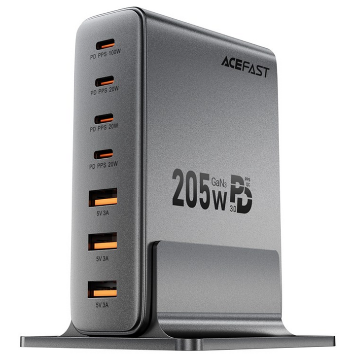 ACEFAST 205W GaN 4C3A 7포트 C타입 고속 충전기 PD3.0 PPS QC 초고속 멀티충전기, 1개, 블랙