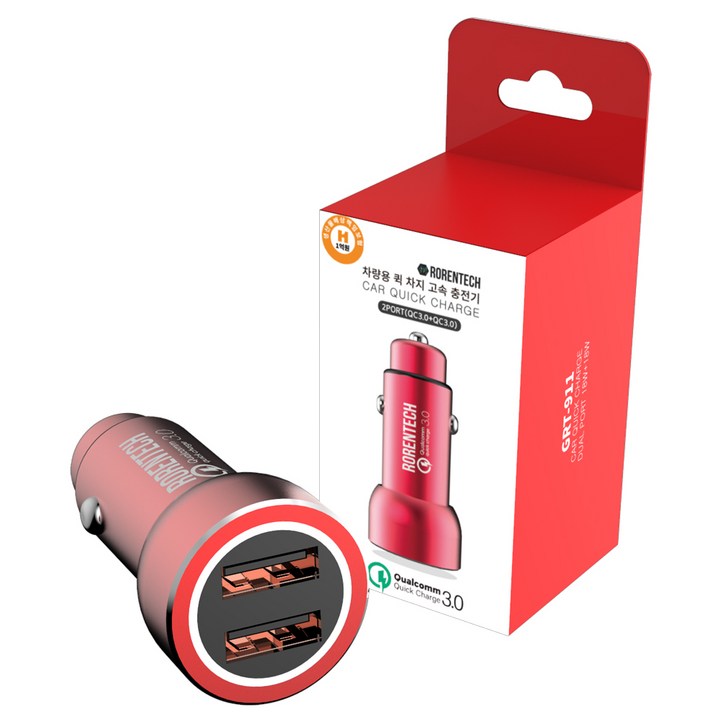 로랜텍 퀵차지 3.0 차량용 듀얼 고속 충전기, GRT91, 메탈레드