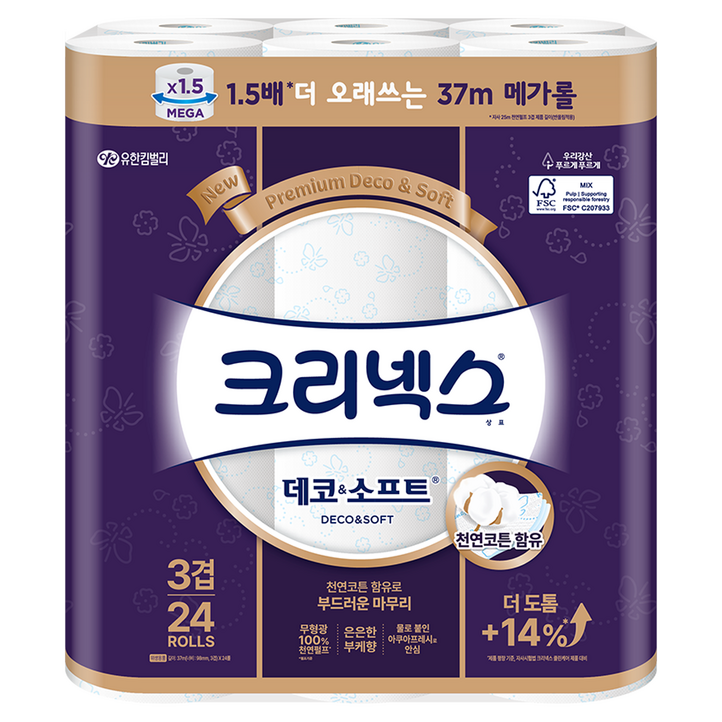 크리넥스 3겹 데코소프트 천연펄프 고급롤화장지, 37m, 24개입, 1개