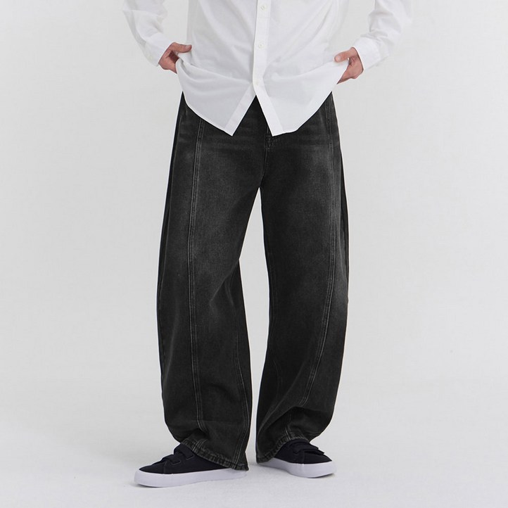 남녀공용 따뜻 피치 기모 워싱 빈티지 절개 벌룬 와이드 데님 팬츠 CF7M79